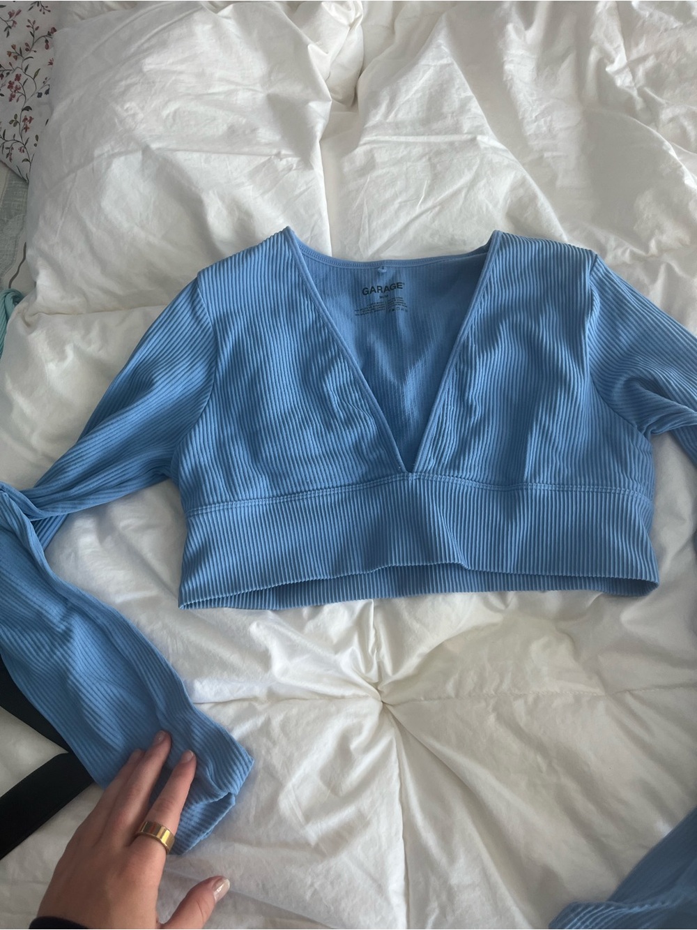 Garage Light Blue Ribbed Cropped V-Neck Long Sleeve Top - Picture 3 of 4
